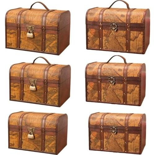 Antique Map Retro Wooden Box Shooting Film and Television Prop Case Activity Treasure Box with Lock Storage Treasure Box