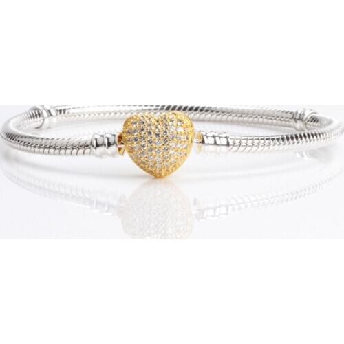 100% 925 Sterling Silver Water Droplet Clear Crystal Charm Original Heart Shaped Clasp Bracelet