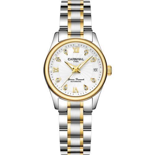Carnival Women Automatic Watch With Rhinestone Date Luxury Mechanical Watch Women Dress Watch Steel Band