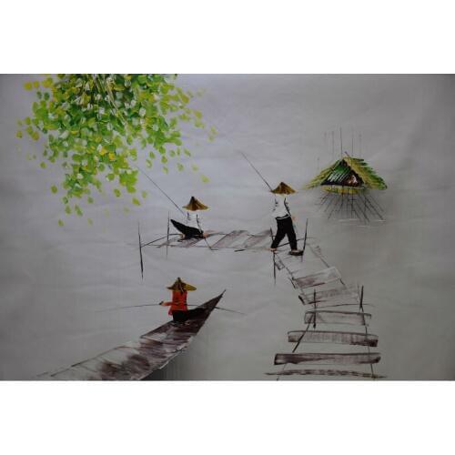 Hand Painted Oil Painting on Canvas Vietnam Landscape Fishing Painting Canvas Painting Modern Wall Art Pictures for Living Room