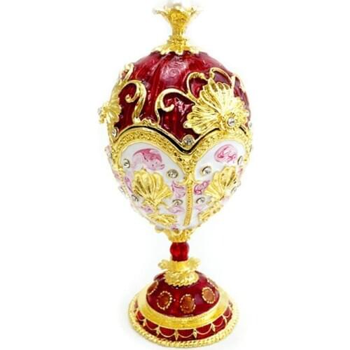 Red Gold Faberge-Egg Series Hand Painted Jewelry Trinket Box with Rich Enamel and Sparkling Rhinestones Unique Gift Easter Day