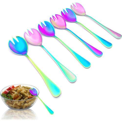 Colorful Pasta Fork Spoons Set Stainless Steel Salad Fork Colander Spoon Serving Flatware Mixing Scoop Christmas Tableware Set