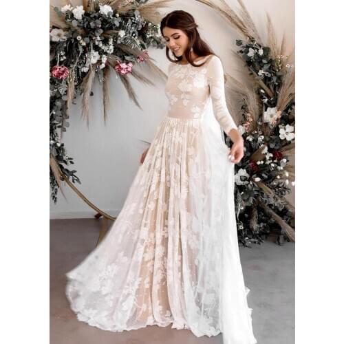 Champagne Lace Wedding Dresses for Bride 2021 V Back Long Sleeves Bridal Gowns vestido de noiva