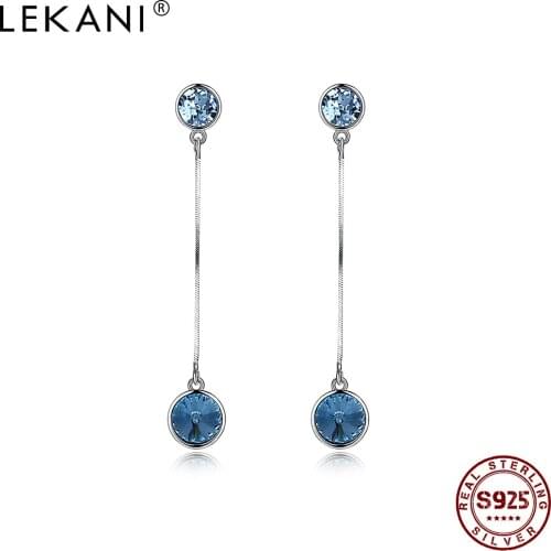 LEKANI Long Earrings For Women S925 Sterling Silver Blue Round Austria Crystal Drop Earring Engagement Send To Girlfriend Best