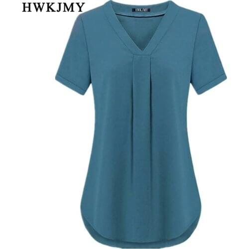 Summer Womens Clothing Casua Sexy V-neck Short Sleeve Shirt Solid Color Loose Pleated Chiffon T-shirt Tops Plus Size Tee S-6XL