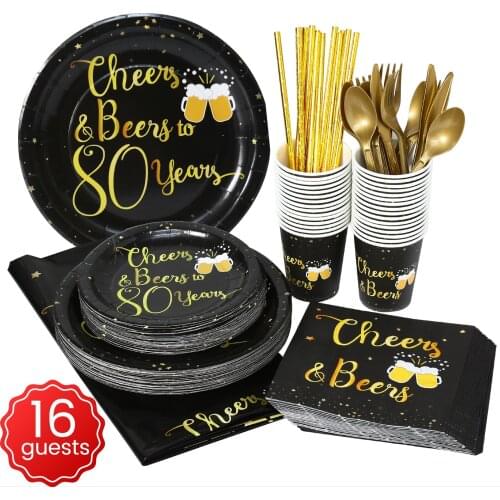 Black Gold 80th Birthday Party Disposable Plates/Cups/Napkins Adult Birthday Party Supplies Decor Happy Birthday Party