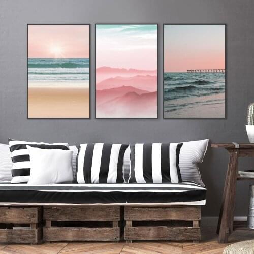 Ocean Sunset Landscape Canvas Posters Nordic Style Pink Beach Wall Art Prints Painting Abstract Mountain Pictures Home Decor