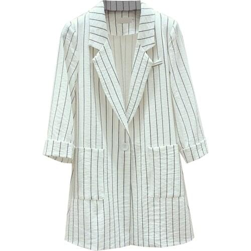 Striped 3/4 sleeve Blazers Women Office Spring Summer Thin Plus size Casual Lady Outwear Single button Pocket Female Blazer Suit