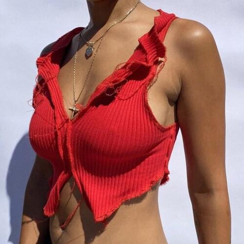 Ribbed Knitted Women Solid Tank Tops V Neck Sleeveless Ruffles Crop Tops 2021 new Summer Bodycon Sexy Club Partywear Camisoles