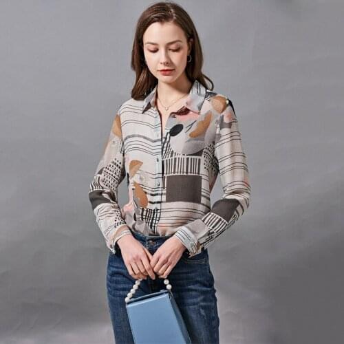 Real Silk Shirt OL Women Tops Lady Spring Summer Long Blouse Lady Elegant long-sleeved Art printed Silk shirt w