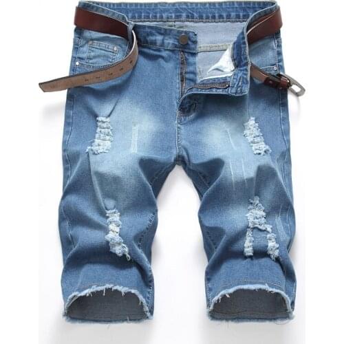 Hole Bleached Stretch Shorts Men Edge Grinding Dark Blue Ripped Straight Distressed Denim Male Solid Color Fashion