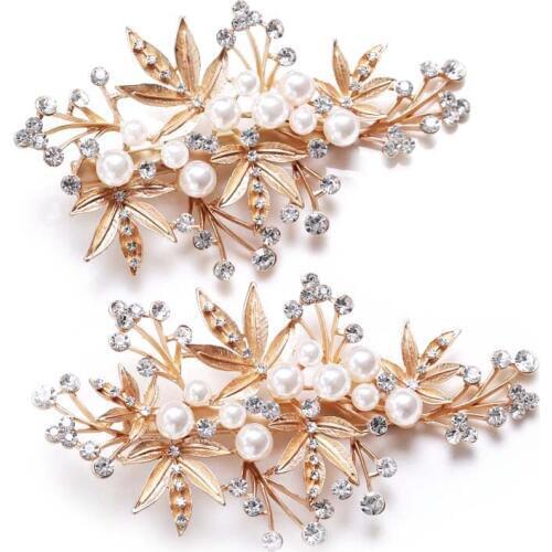 Gold Leaf Women Headpiece Pearls Bridal Hair Jewelry Clip Pins Rhinestone Hair Ornament For Wedding Prom