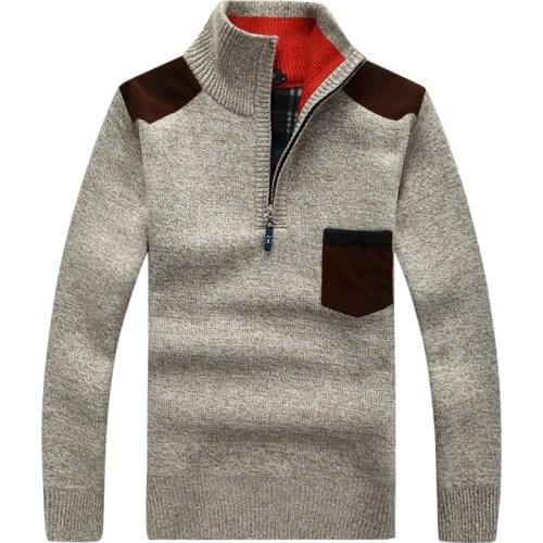 Warm Pocket Sweater Standing Collar New Winter Mens Pullover Knitted Sweater Male Wool Fleece Thick Casual Pullover Patchwork