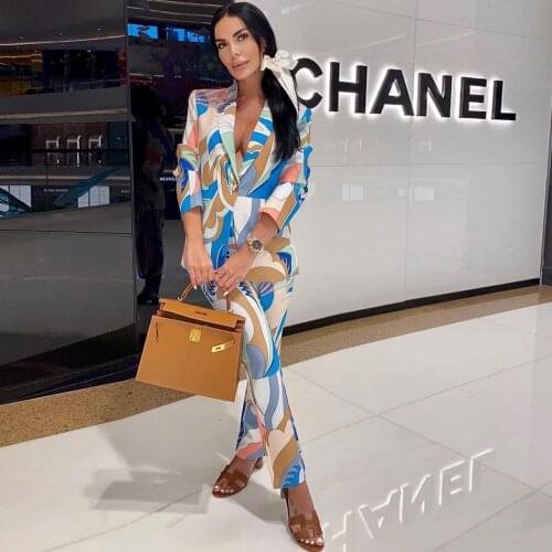 Free Shipping 2021 New High Quality Women Set Lapel Long Sleeve Single Button Blazer & Pencil Pants Elegant Print Two-piece Set