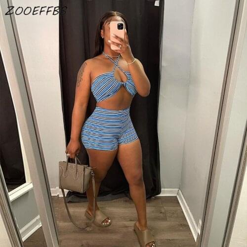 ZOOEFFBB Striped Two Piece Set Women Sexy Club Outfits Halter Crop Top Biker Shorts Matching Sweat Suits Rave Festival Clothing