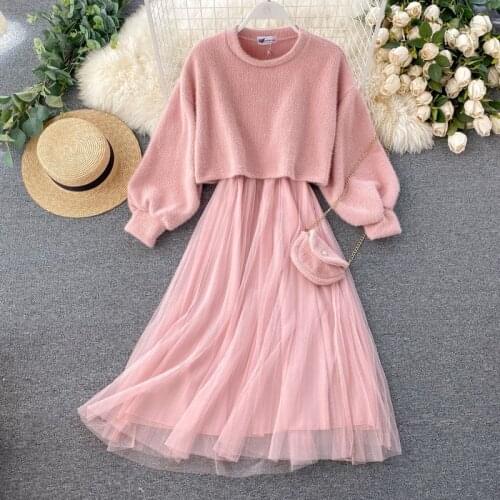 Women Knitted Sweater autumn Winter O Neck Sweaters And Spaghetti Strap Dress Set Female Dress 2021 Sweet Two Pieces Suit