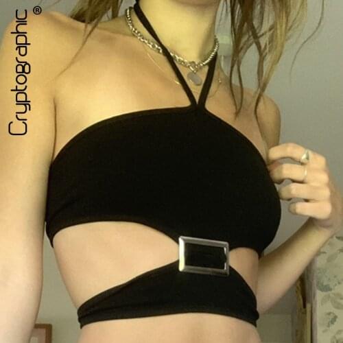 Cryptographic Elegant Metal Buckle Halter Crop Top for Women Outfits Summer Sexy Backless Lace Up Top Cropped Streetwear Clothes