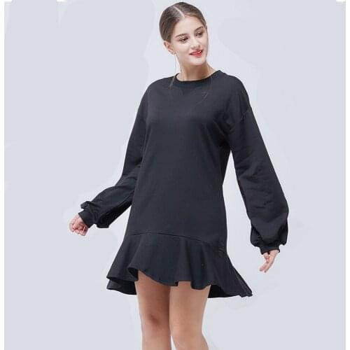Womens Autumn Plus Size Dress Loose Solid Color Ruffled O-Neck Stitching Long-Sleeved Dress Street Fashion Cute Korean Dress 4XL