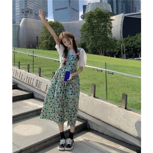 Dress for Women Retro Floral Sling Mid-length Skirt Female Summer Dress New Loose and Thin High Waist All-match Dress