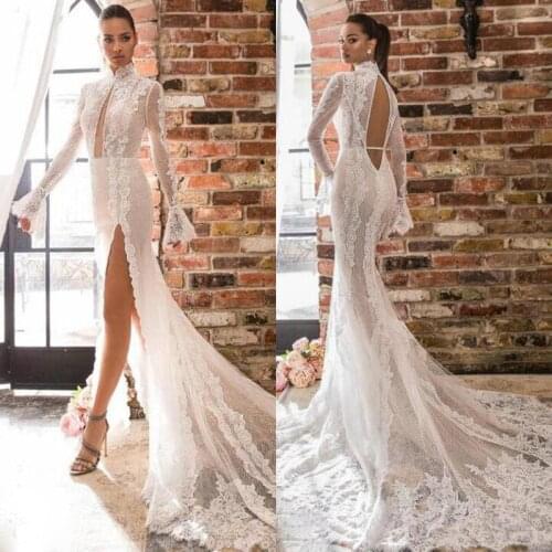 2020 Sexy New Mermaid Wedding Dress Long Sleeve High Neck Backless Lace Bridal Gowns Side Slit Custom Beach Wedding Gowns