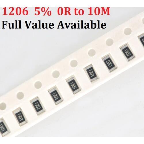 200pcs 1206 10K ohm 5% 0R~10M 0.8W 10R 100R 220R 330R 470 ohm 1K 2.2K 10K 100K 0R 1R 5/6/7/8/9 R/K SMD Chip Resistor kit