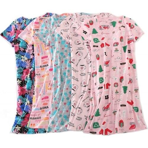 2021 Summer Female Casual Cartoon nighty dress Ladies Cotton Nightgown Women Plus size Short Sleeve Round collar sleepshirt