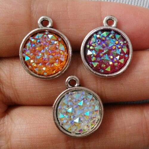 24pcs/lot Assort 6 Colors Antique Silver color Faux Druzy Charm Lots DIY Necklace Pendant , 12mm Druzy Beads Jewelry Findings