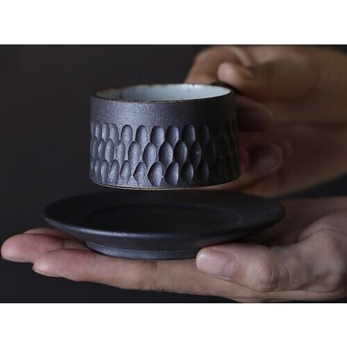 60cc Creative Handmade Ceramic Coarse Pottery Espresso Coffee Cup with Saucer Kit Mini Drinkware Office Milk Yogurt Mug Art Gift