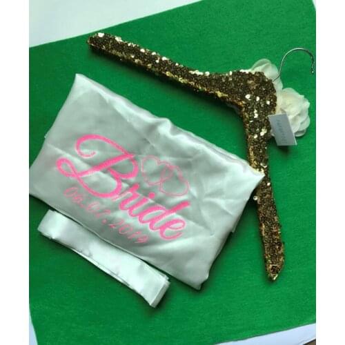 Customize name pink Wedding Bridesmaid bride Lingerie satin silk pajamas slippers hanger bachelorette robes kimonos gowns gifts