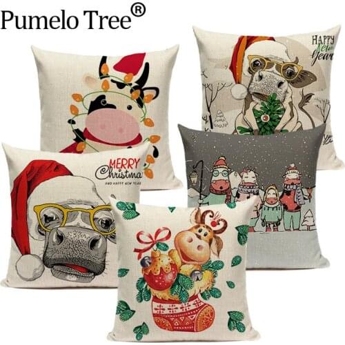 Merry Christmas Cow Throw Pillow Case Alpaca Bullul Printing Bed Home Decor Cushion Cover Snowman Llama Decor Housse De Coussin