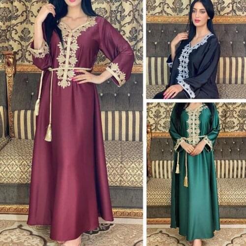 Elegant Satin Maxi Dresses Women Ethnic Embroidery Gilding Jalabiya Muslim Dubai Arabic Moroccan Kaftan Robe Clothes Black PW190