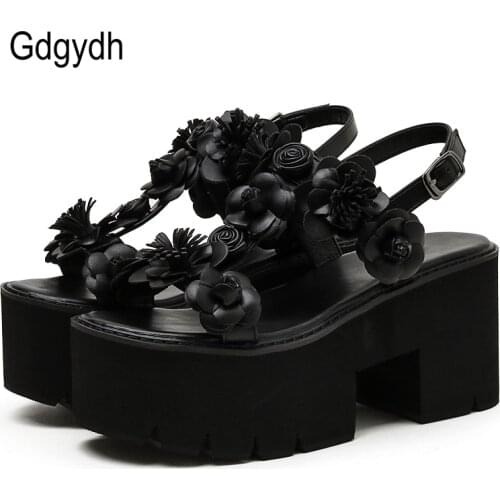 Gdgydh Sweet Flower Summer Sandals Women Demonias Platforms Gothic T Strap Casual Roman Shoes College Student White Comfortable