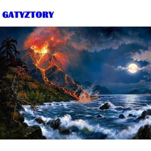 GATYZTORY Painting By Number Volcano Seascape DIY Pictures By Numbers Kits HandPainted Paintings Art Drawing On Canvas Home Deco