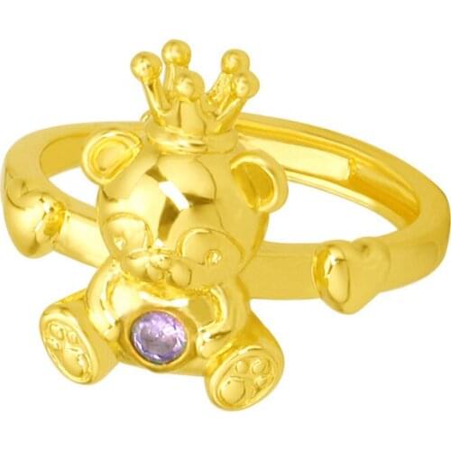 Cute Crown Bear Ring 18K Gold Inlay Purple Rhinestone Cuff Rings for Womens Girls Gift