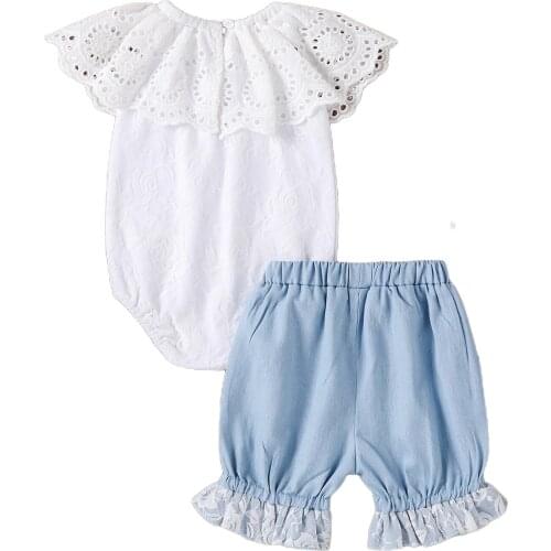 2021-03-12 Lioraitiin 2Pcs Set 0-24M Newborn Baby Girl’s Clothes Fresh Solid Color Flounce Romper Lace Stitching Denim Shorts