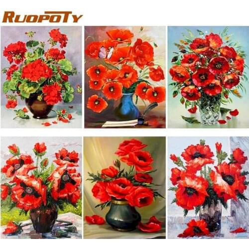 RUOPOTY 40x50cm Framed Paint By Numbers For Adults Red Flowers Painting By Number Gift Home Decor HandPainted Paintings