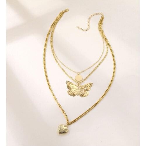 Lost Lady Hip Hop Metal Butterfly Heart Pendant Necklace for Women Layers Chain Chokers Statement Necklace Wholesale Jewelry INS