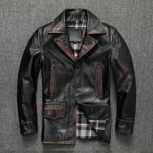 2021 Mens Long Genuine Leather Jacket Retro Vegetable Tanned Top Layer Horsehide Tea Core Color Leather Coat Male