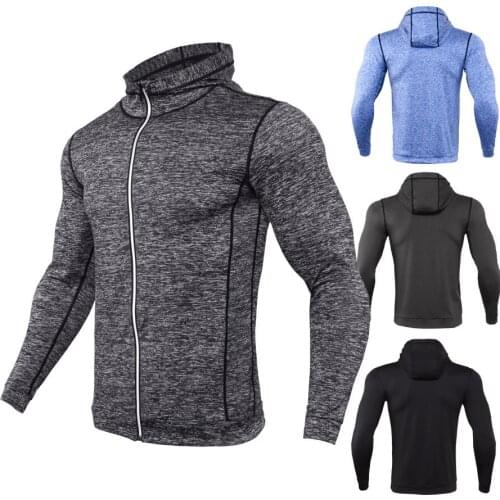 Mens Autumn Sports Jacket Gym Fitness Running Capped Coat Training Hooded Tops Quick Dry Long Sleeves Reflective Zippers