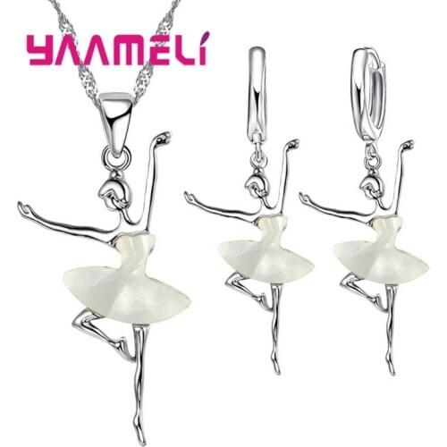 925 Sterling Silver Ballet Girls Pendants Necklaces Earrings Set For Girls Party Accessory Fashion Women Jewelry Sets