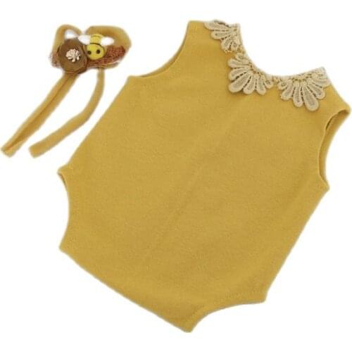 Newborn Diaper Outfit Photography Props Sewing Baby Headband and Romper Overall Photo Props Newborn Set