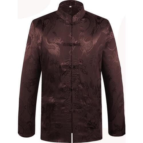 New Coffee Chinese Traditional Mens Mandarin Collar Full Dragon Tang Suit Clothing Long Sleeve Kung Fu Shirt BlouseYZT1206