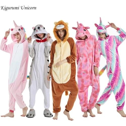 Women Kigurumi Unicorn Pajamas Winter Animal Panda Pajamas Set Flannel Sleepwear Pyjamas Onesies Whole One Piece Cosplay Costume