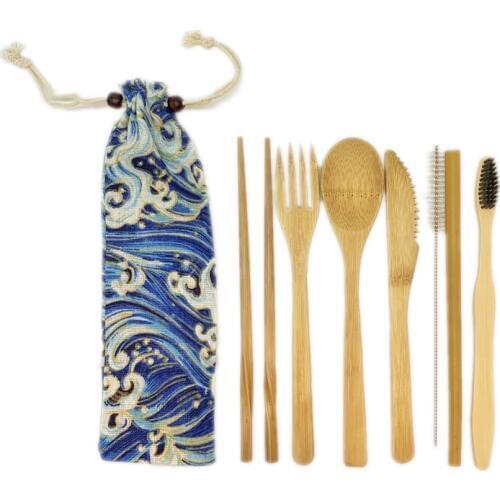 Portable Flatware Travel Set Bamboo Cutlery Reusable Bambu Toothbrush Wooden Knife Fork Spoon Outdoor Tableware Camping Cutlery