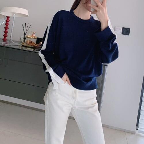 Rotator Sleeve Button Decoration Base Pullover Striped Stitching 100% Wool Winter Women Sweater