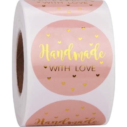 Pink Hot Gold Round Labels Handmade with love Paper Packaging Sticker Candy Bag Gift Box Packing Wedding Party Thanks Sticker