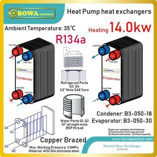 14KW heat transfer capacity between R134a and water PHEs is working as 5.5HP evaporator and condensers in heat pump water heater