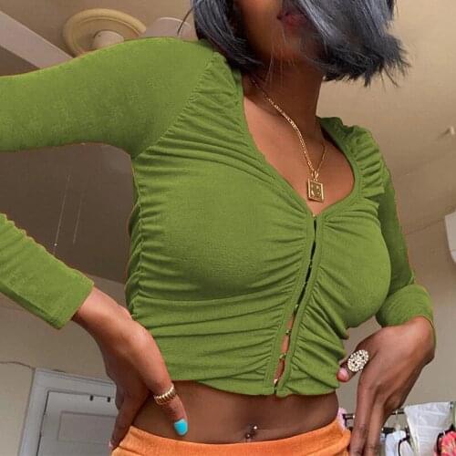 Sexy V-neck Women T-shirts Long Sleeve Open Navel Button Small Tops High Street Fashion Pleated Slimming Women Clothes 4 Colors