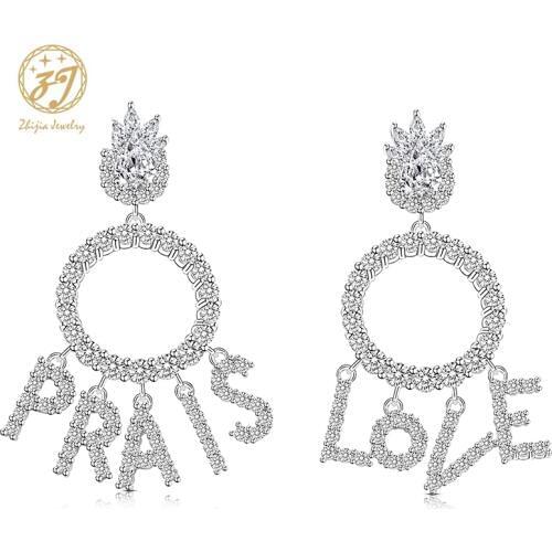Zhijia high quality letter PRAIS LOVE rhinestone stud earrings for women gold silver female earrings jewelry vintage gifts