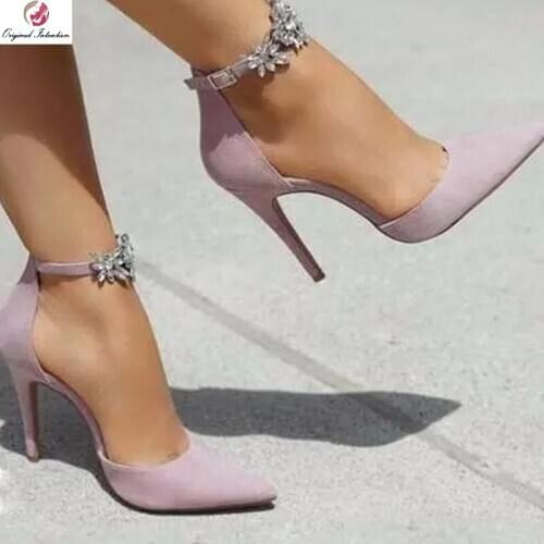 Womens Shoes Fashion Flock Crystal Sandals Pumps Pointed Toe Thin Heels Buckle Strap Party Wedding Women Shoes Plus Size 34-45